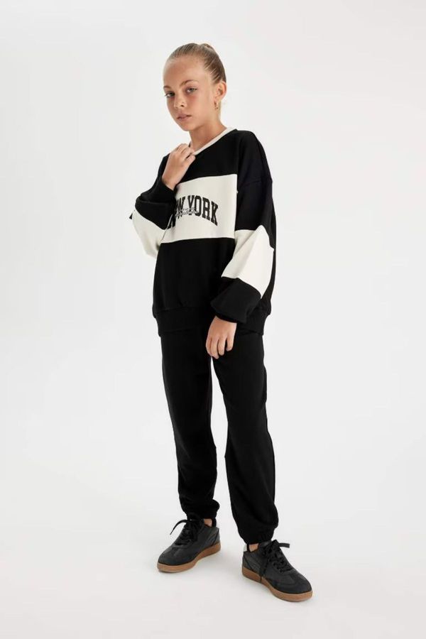 DEFACTO DEFACTO Girl Printed Elastic Waist Leg Pocket Black Jogger Sweatpants