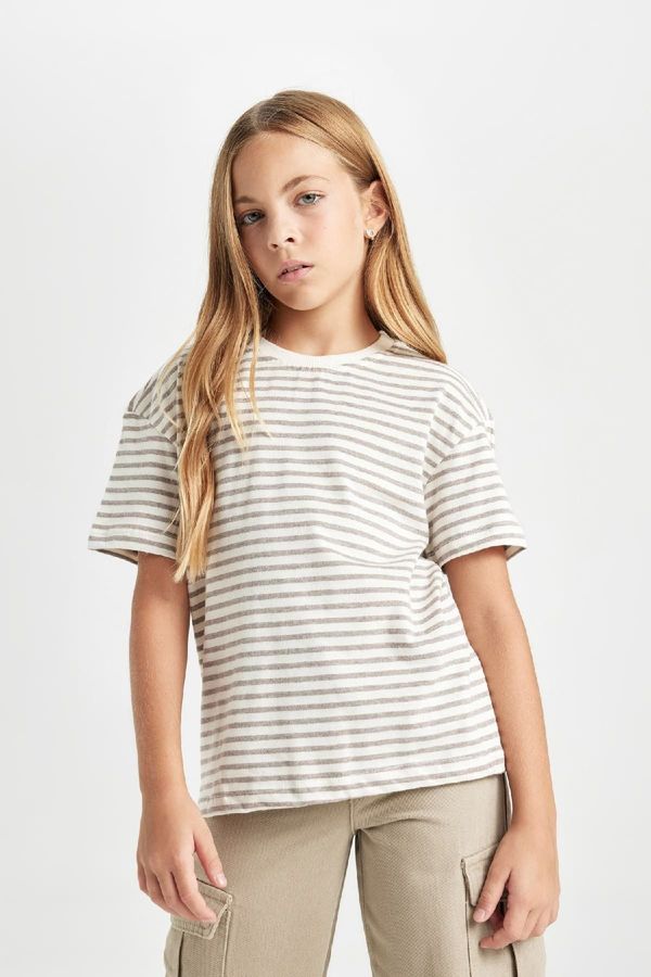 DEFACTO DEFACTO Girl Relax Fit Crew Neck Striped Short Sleeve School T-Shirt C7792a824au