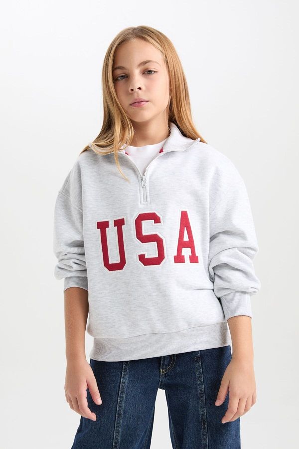 DEFACTO DEFACTO Girl Relax Fit Half Zipper Printed Soft Fluffy Sweatshirt