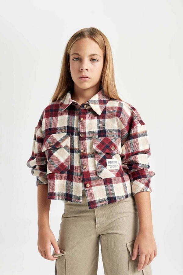 DEFACTO DEFACTO Girl Relax Fit Plaid Long Sleeve Crop Shirt