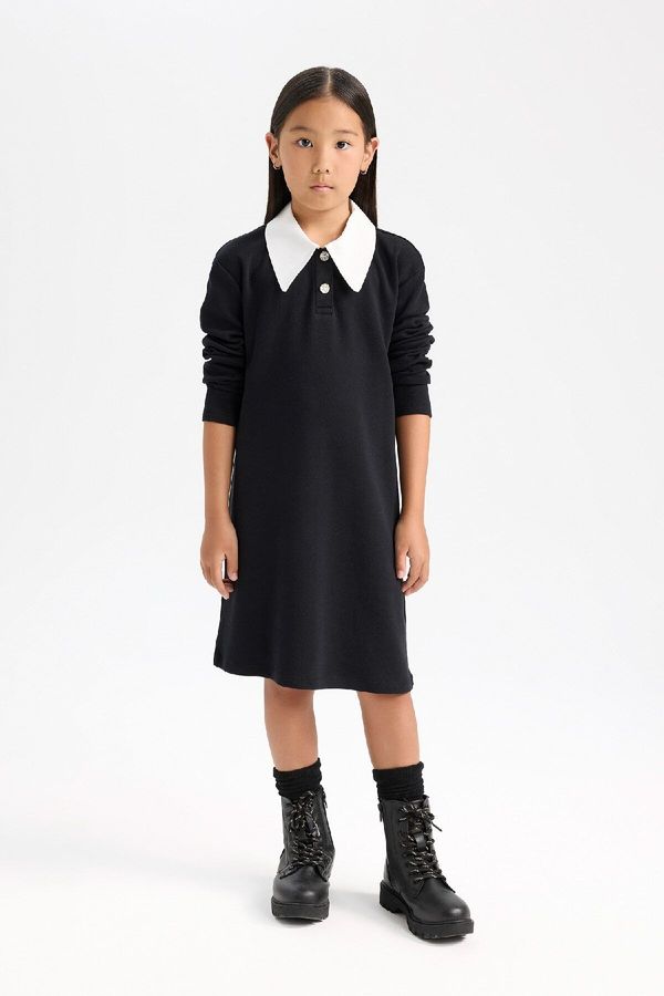 DEFACTO DEFACTO Girl Shirt Collar Basic Plain Long Sleeve Black Dress