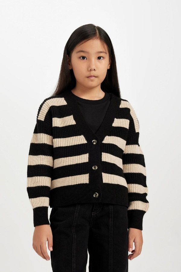 DEFACTO DEFACTO Girl V Neck Striped Button Closure Knitwear Cardigan