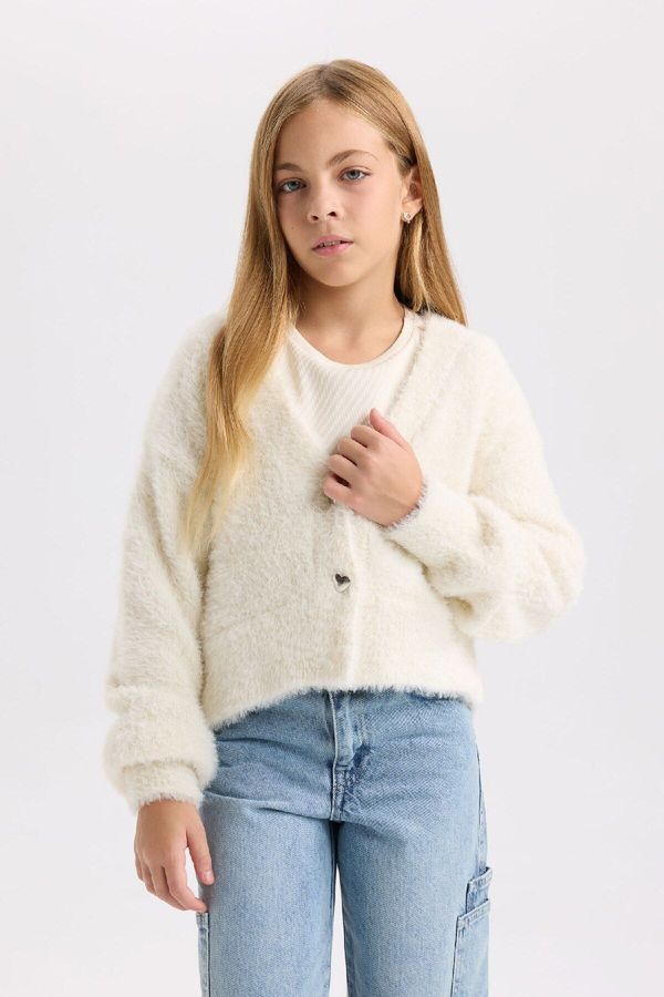 DEFACTO DEFACTO Girl V Neck White Buttoned Plush Cardigan