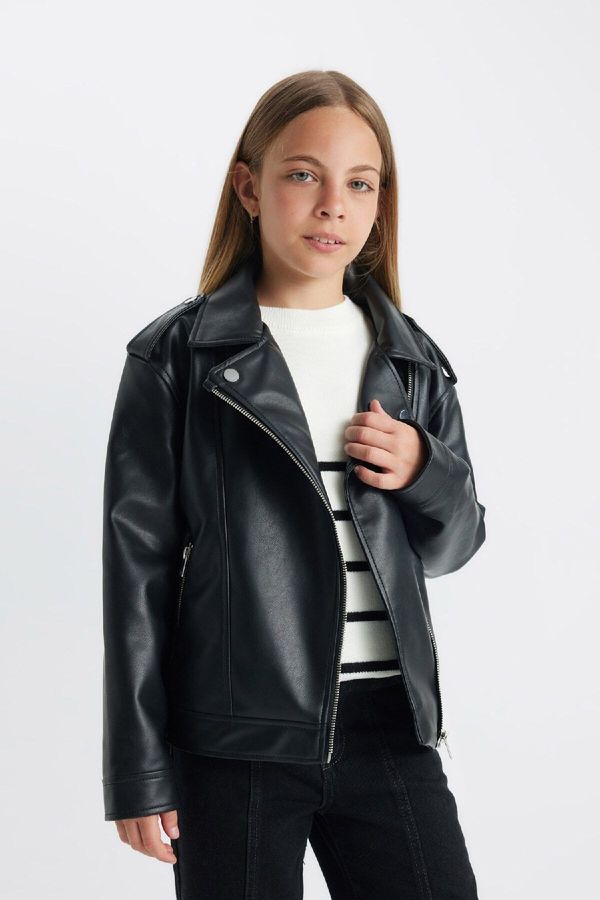 DEFACTO DEFACTO Girl Water Repellent Jacket Collar Faux Leather Coat