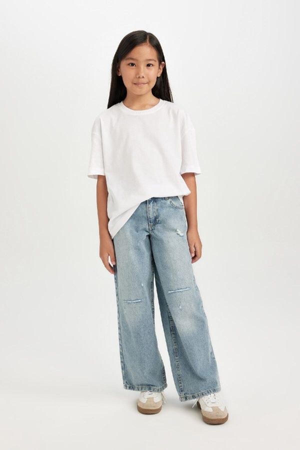 DEFACTO DEFACTO Girl Wide Leg Ripped Detailed Pocket Wide Leg Jean Trousers