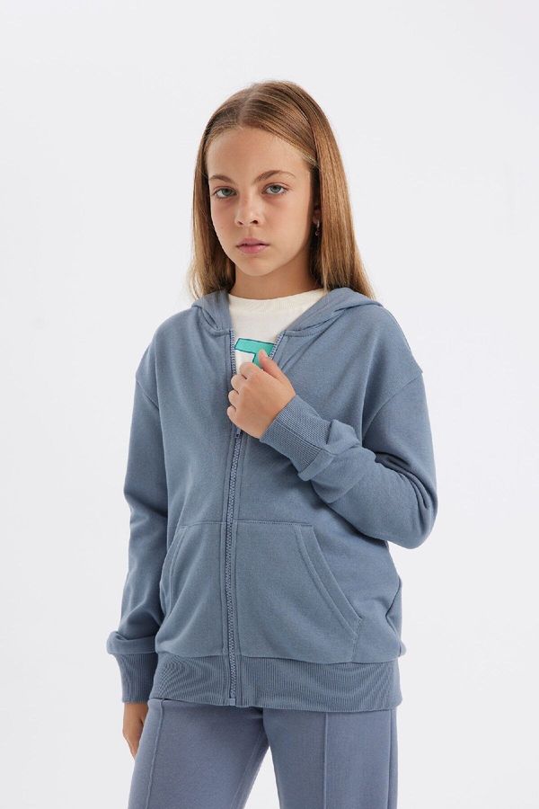 DEFACTO DEFACTO Girls Basic Hooded Pocket Zippered School Cardigan