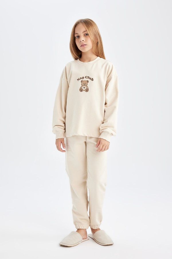 DEFACTO DEFACTO Girls Bear Printed Long Sleeve Top Long Bottom Pajama Set