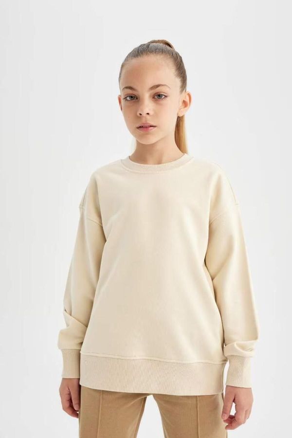 DEFACTO DEFACTO Girl's Beige Relax Fit Crew Neck Cotton Basic Plain School Sweatshirt A2797A824Au