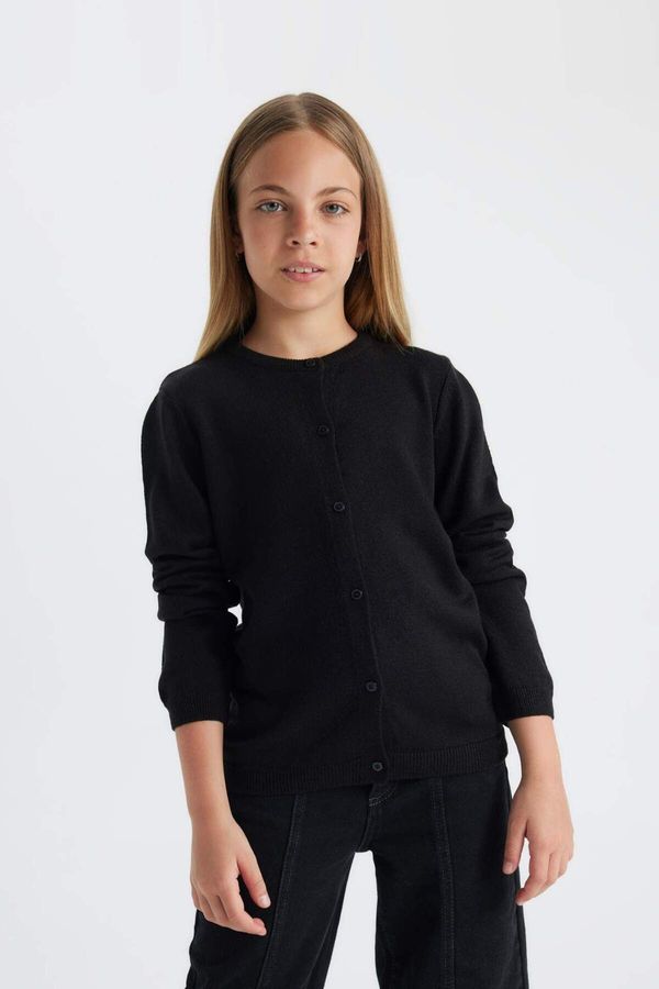 DEFACTO DEFACTO Girl's Black Crew Neck Knitwear School Cardigan