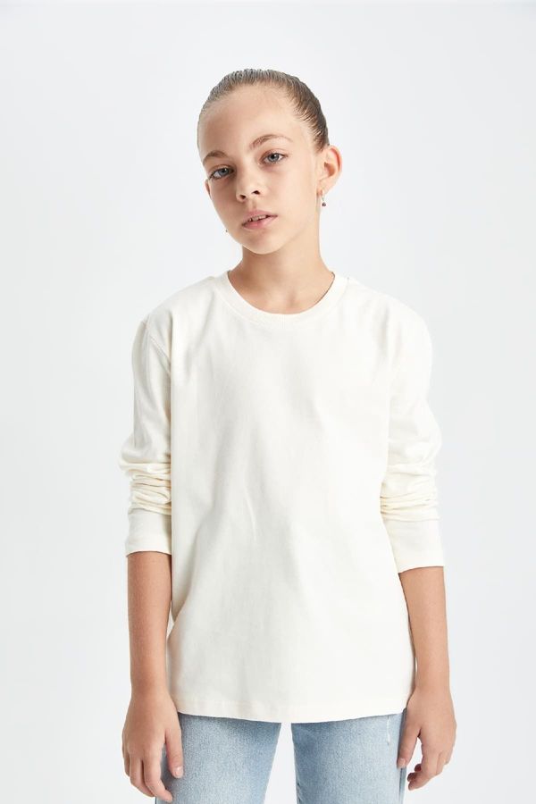 DEFACTO DEFACTO Girl's Crew Neck Basic Plain Long Sleeve White School T-Shirt U6810a624au