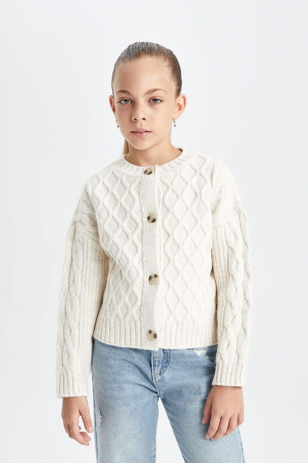 DEFACTO DEFACTO Girls Crew Neck Buttoned Cardigan