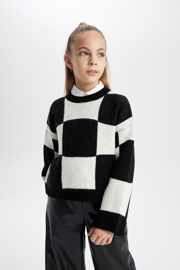 DEFACTO DEFACTO Girls Crew Neck Crop Checkered Sweater