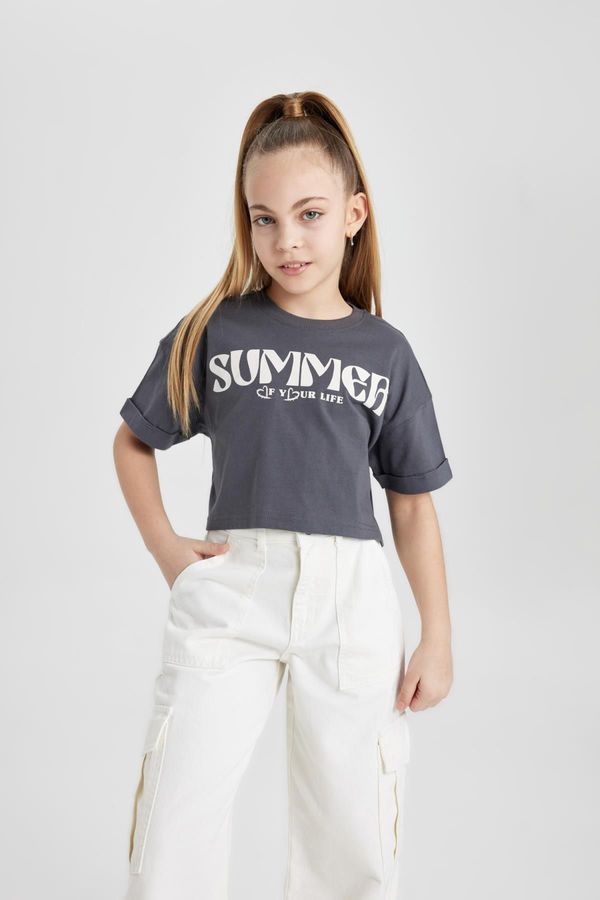 DEFACTO DEFACTO Girls Crew Neck Printed Short Sleeve T-Shirt