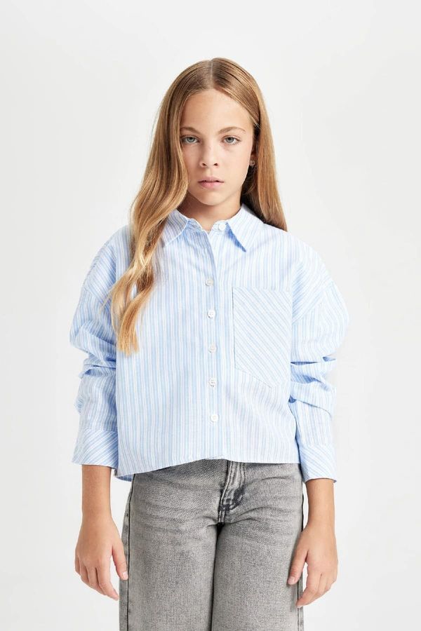 DEFACTO DEFACTO Girls Crop Cotton Long Sleeve Pocket Shirt