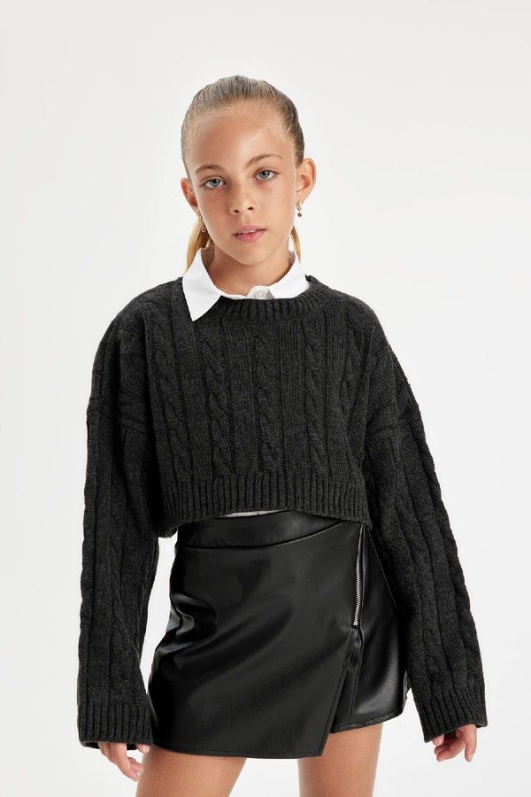 DEFACTO DEFACTO Girl's Crop Crew Neck Sweater