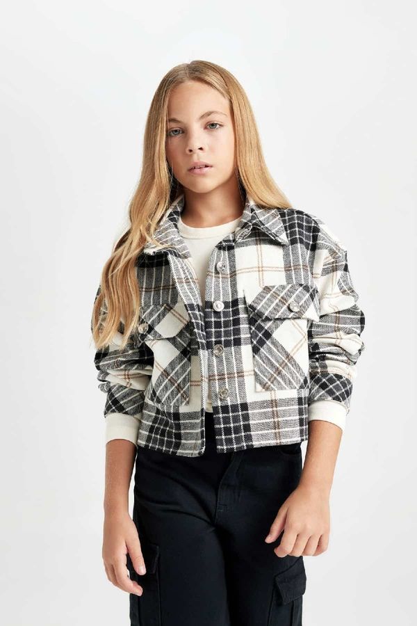 DEFACTO DEFACTO Girls Crop Plaid Long Sleeve Double Pocket Shirt Jacket