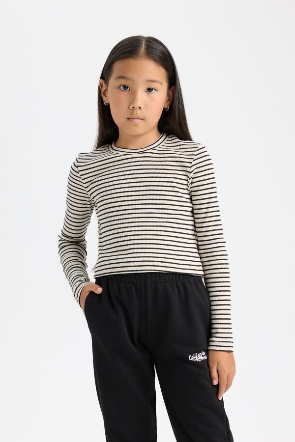 DEFACTO DEFACTO Girls Crop Polo Neck Striped Ribbed Camisole Long Sleeve T-Shirt