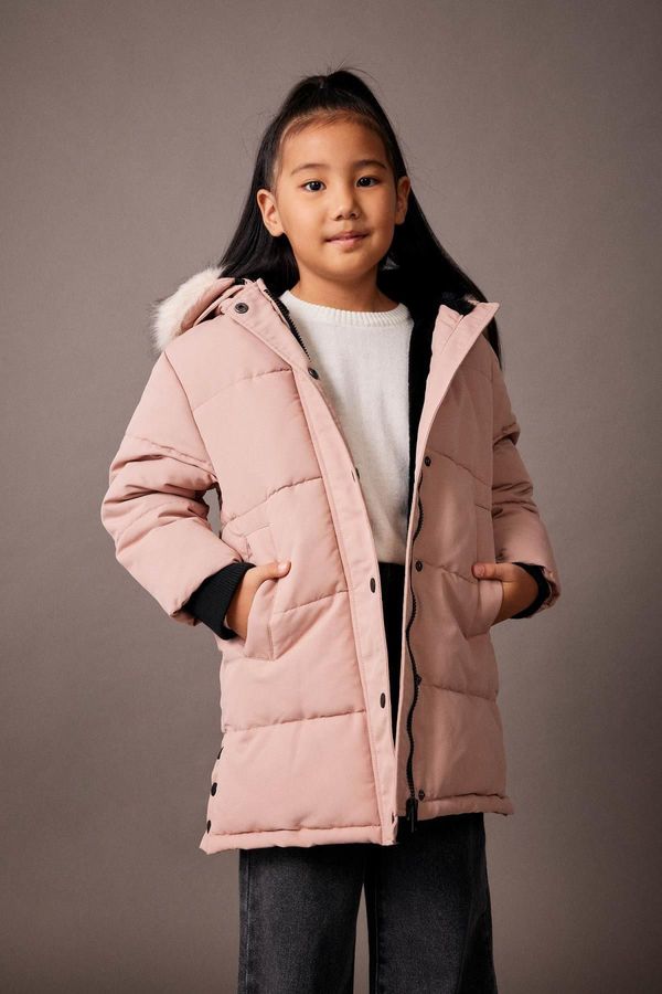 DEFACTO DEFACTO Girls Detachable Faux Für Collar Hooded Faux Für Lined Coat