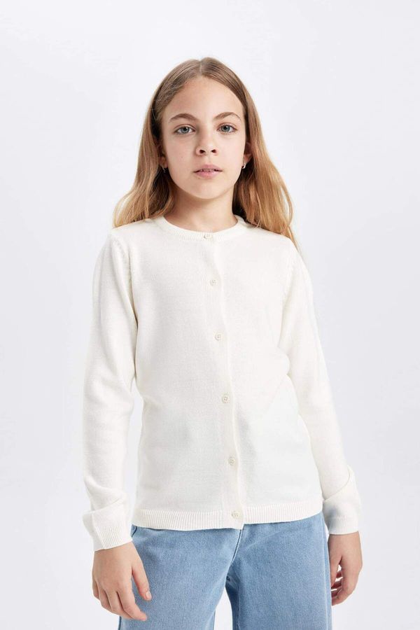 DEFACTO DEFACTO Girl's Ecru Crew Neck Buttoned Knitted School Cardigan