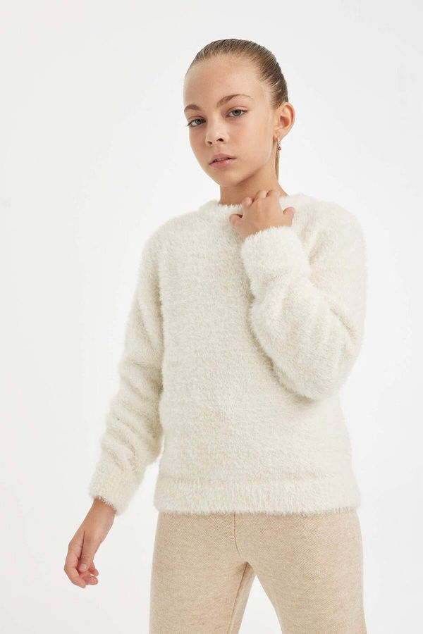 DEFACTO DEFACTO Girl's Ecru Regular Fit Crew Neck Soft Textured Knitwear Sweater