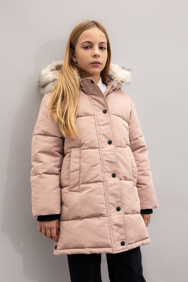 DEFACTO DEFACTO Girls Hooded Detachable Hood Faux Fur Zipper Snap Closure Long Coat Parka