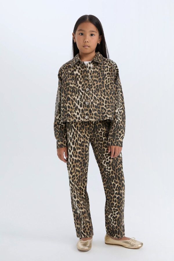 DEFACTO DEFACTO Girls Leopard Patterned 90's Wide Leg Straight Leg Gabardine Trousers