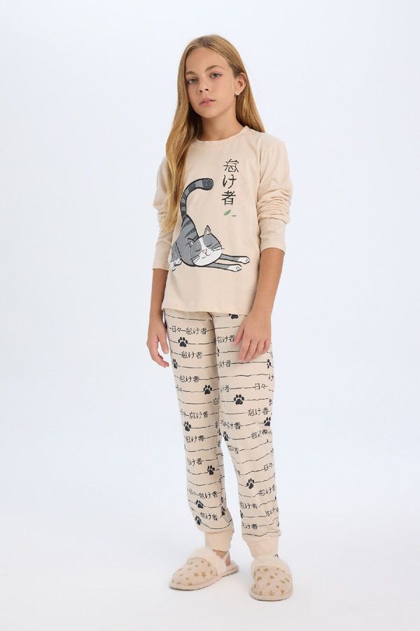 DEFACTO DEFACTO Girls Long Sleeve Top Long Bottom Cat Printed Pajama Set