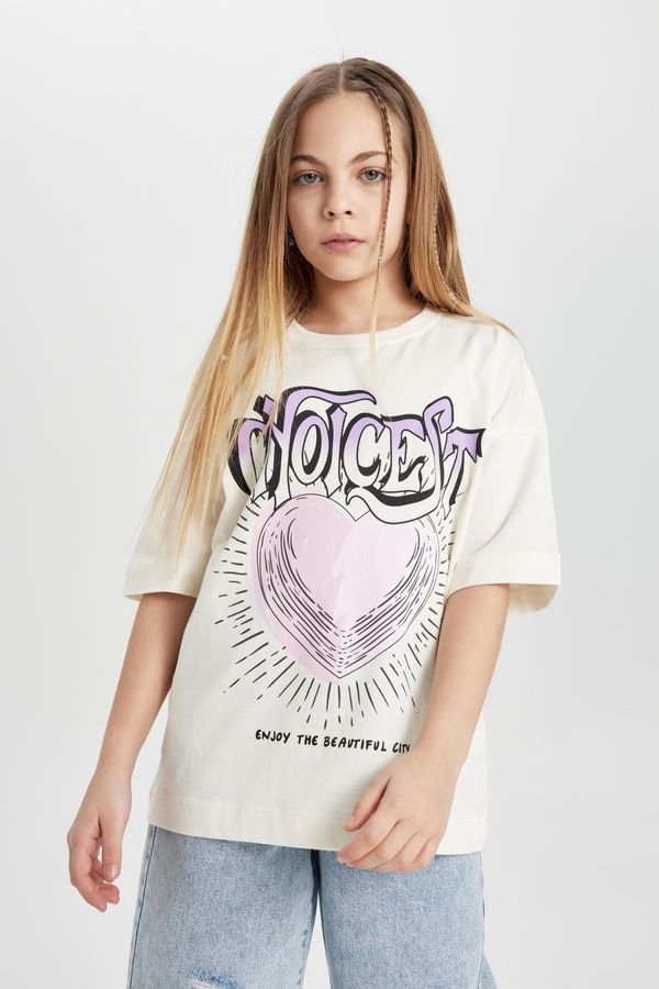 DEFACTO DEFACTO Girl's Oversize Wide Pattern Crew Neck Printed Short Sleeve T-Shirt