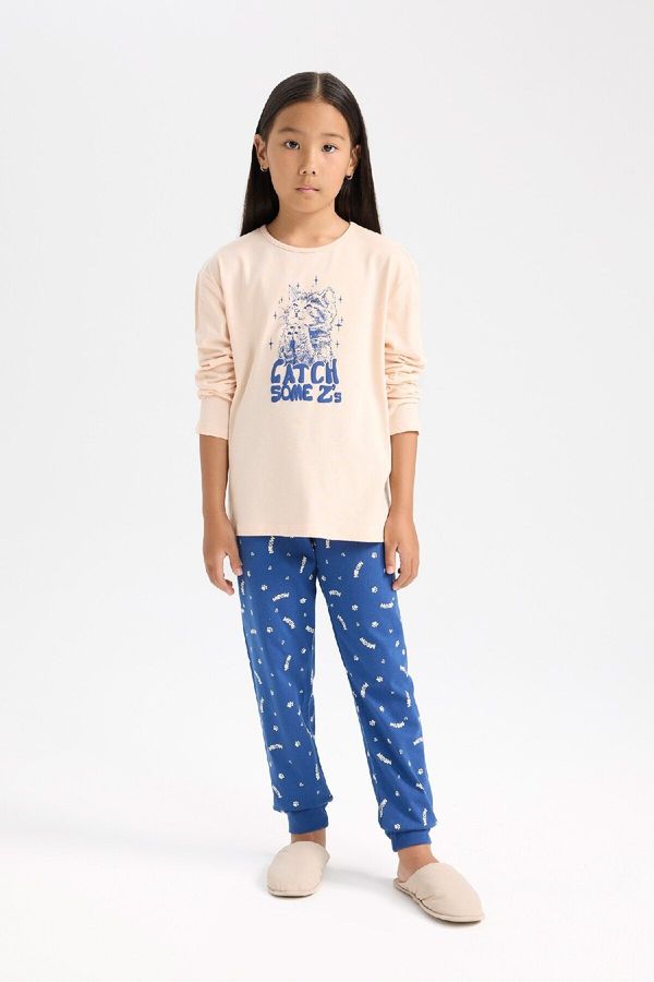 DEFACTO DEFACTO Girls Pajama Set Printed Long Sleeve Top Elastic Waist Long Bottom