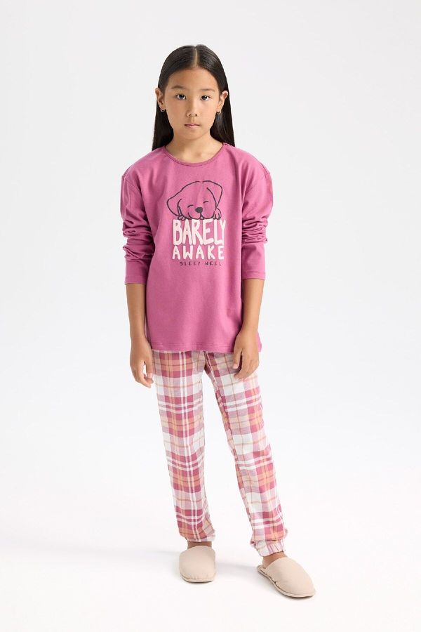 DEFACTO DEFACTO Girls Pajama Set Printed Long Sleeve Top Elastic Waist Long Bottom