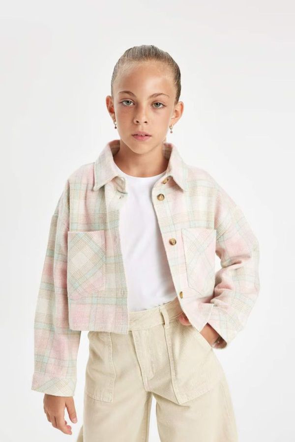 DEFACTO DEFACTO Girls Plaid Buttoned Pocket Crop Long Sleeve Shirt