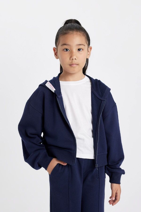 DEFACTO DEFACTO Girls Printed Navy Blue Hooded Zippered School Cardigan