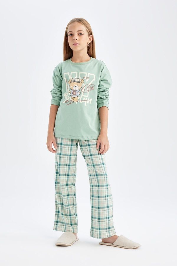 DEFACTO DEFACTO Girls Regular Fit Bear Printed Long Sleeve Top Long Bottom Pajama Set