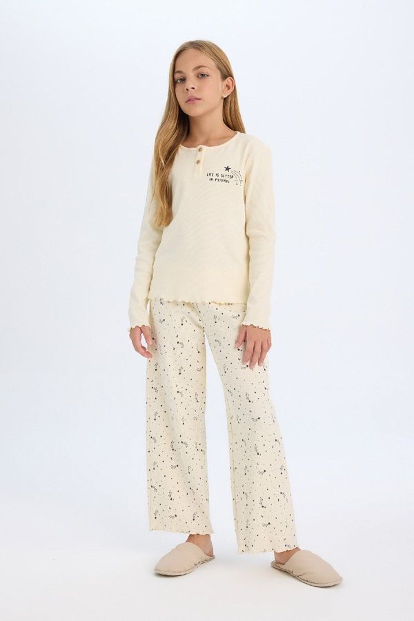 DEFACTO DEFACTO Girl's Regular Fit Ribbed Camisole Printed Long Sleeve Pajama Set