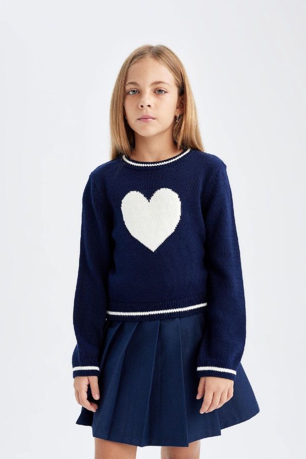 DEFACTO DEFACTO Girls Standard Fit Crew Neck Heart Sweater