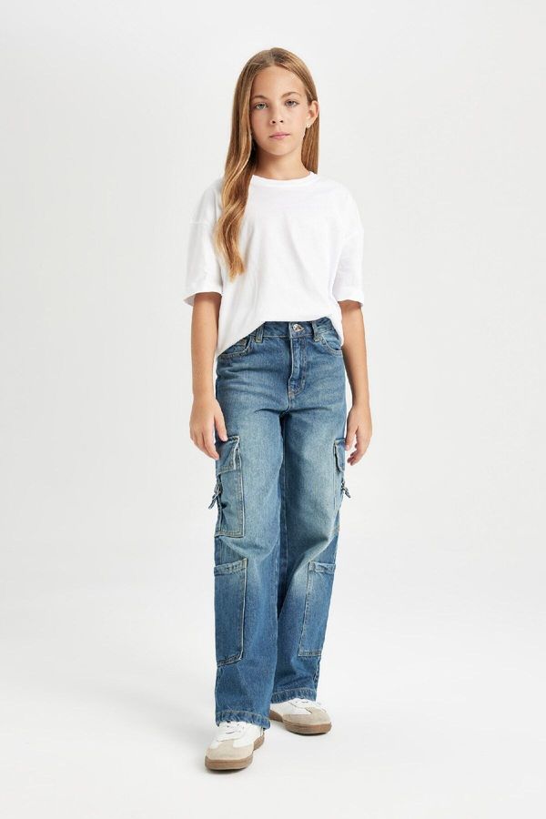 DEFACTO DEFACTO Girl's Wide Leg Cargo Pocket Wide Leg Jean Pants