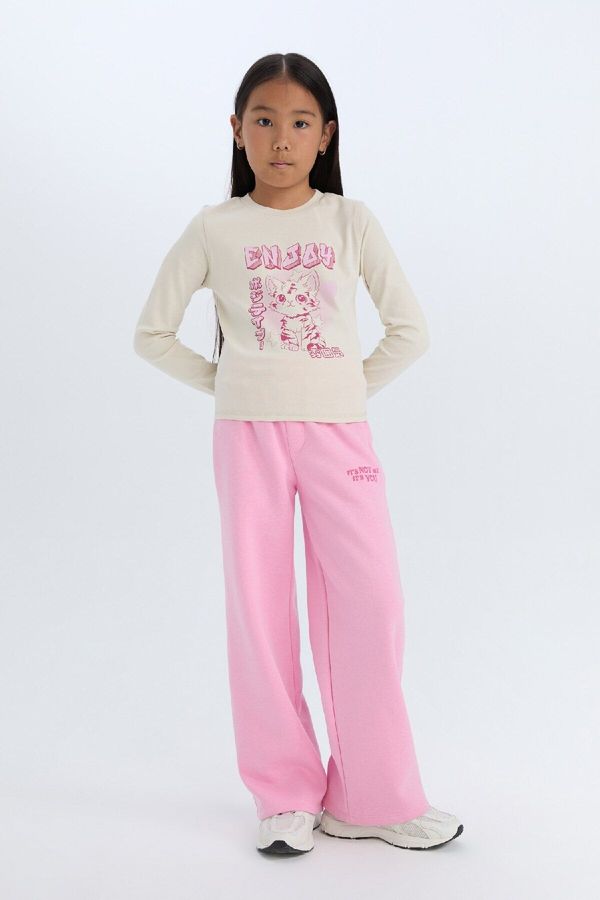 DEFACTO DEFACTO Girl's Wide Leg Wide Leg Elastic Waist Printed Tracksuit Bottoms