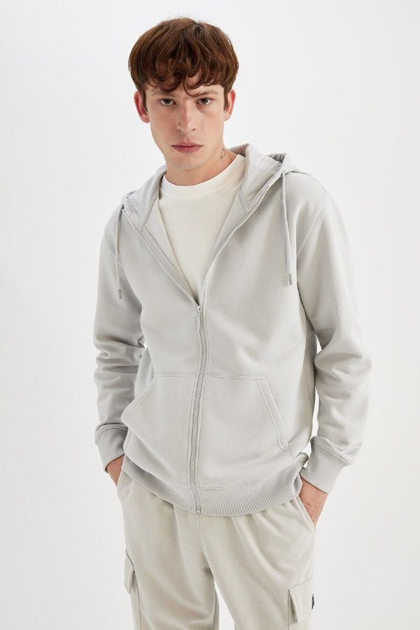 DEFACTO DEFACTO Gray Regular Fit Hooded Soft Furry Inside Pocket Basic Plain Zipper Sweatshirt