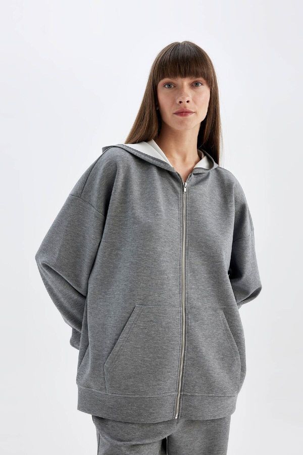 DEFACTO DEFACTO Grey Oversize Wide Pattern Hooded Basic Plain Scuba Diving Fabric Pocket Zippered Sweatshirt