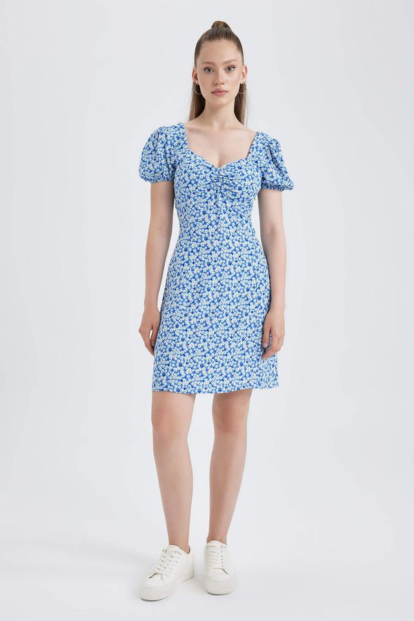 DEFACTO DEFACTO Heart Collar Floral Balloon Sleeves Mini Short Sleeve Woven Dress