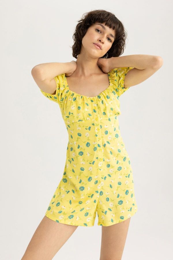 DEFACTO DEFACTO Heart Neck Patterned Short Sleeve Mini Jumpsuit