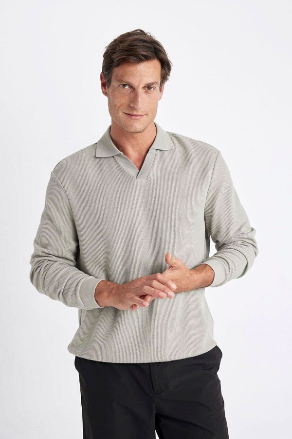 DEFACTO DEFACTO Light Khaki Regular Fit Polo Neck Jacquard Knitwear Sweatshirt