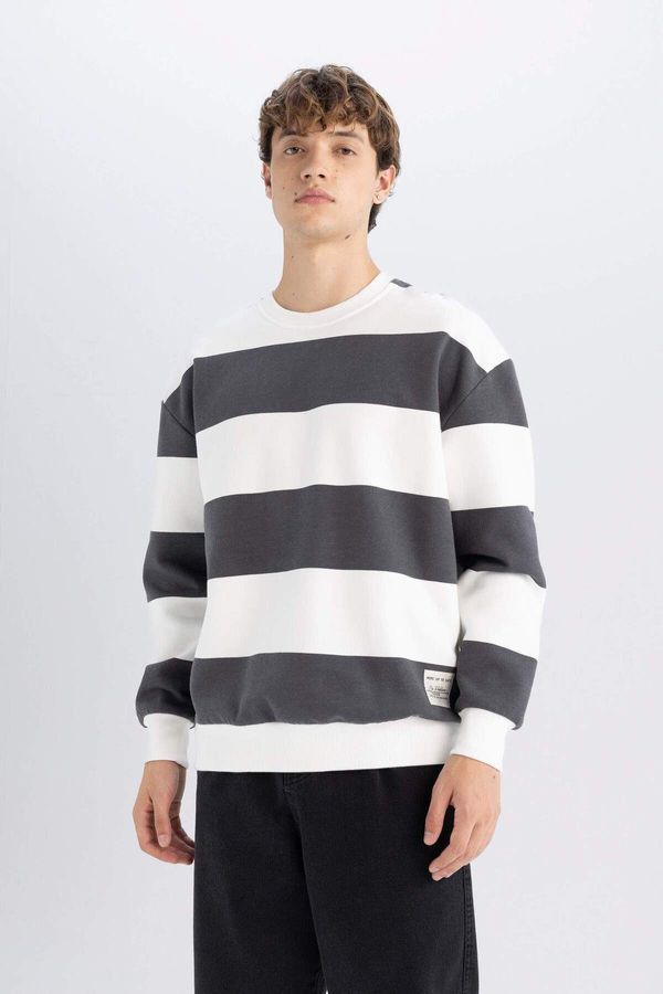 DEFACTO DEFACTO Men's Anthracite Boxy Fit Crew Neck Striped Sweatshirt