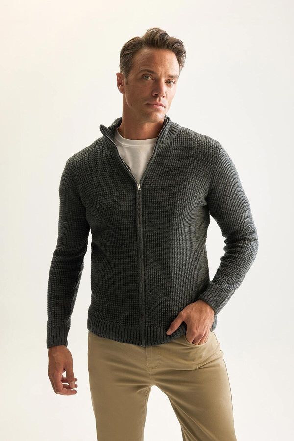 DEFACTO DEFACTO Men's Anthracite Standard Fit Regular Cut Half Turtleneck Zippered Waffle Cardigan