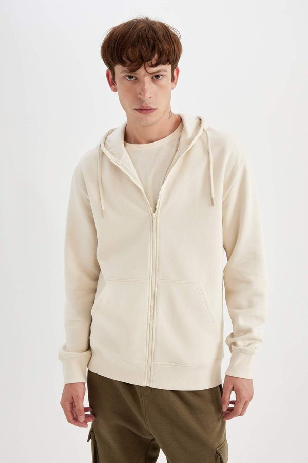 DEFACTO DEFACTO Men's Beige Hooded Soft Fuzzy Inside Zipper Basic Cotton Sweatshirt Cardigan X8331az24au