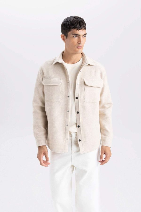 DEFACTO DEFACTO Men's Beige Regular Fit Regular Cut Polo Collar Acrylic Blended Long Sleeve Shirt Jacket D3374Ax24Au