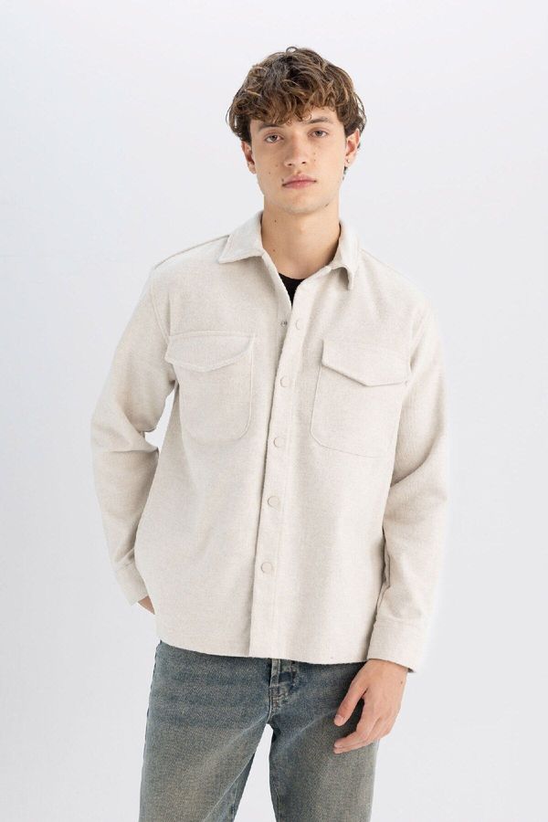 DEFACTO DEFACTO Men's Beige Relax Fit Casual Cut Polo Collar Acrylic Blend Plain Long Sleeve Shirt Jacket