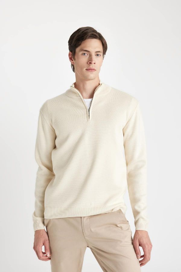 DEFACTO DEFACTO Men's Beige Standard Fit Regular Cut Bato Collar Zippered Ethnic Patterned Sweater