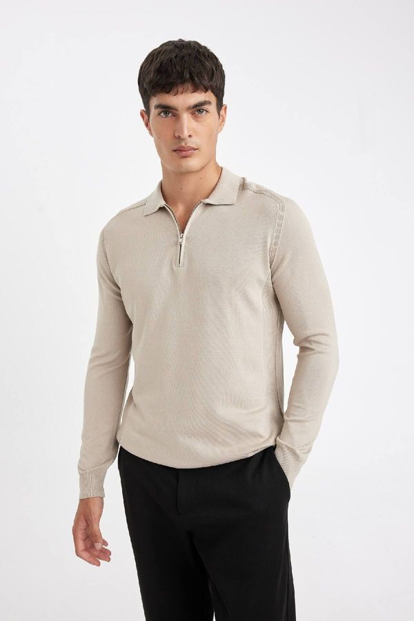 DEFACTO DEFACTO Men's Beige Standard Fit Regular Cut Stand Collar Half Zipper Knitwear Sweater