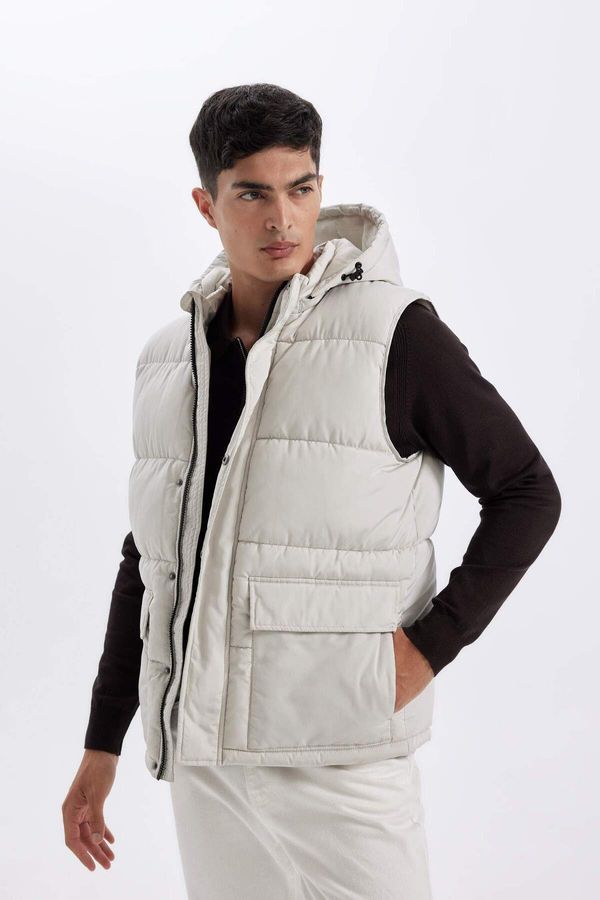 DEFACTO DEFACTO Men's Beige Water Repellent Regular Fit Normal Cut Detachable Hooded Zippered Pocket Puffer Vest